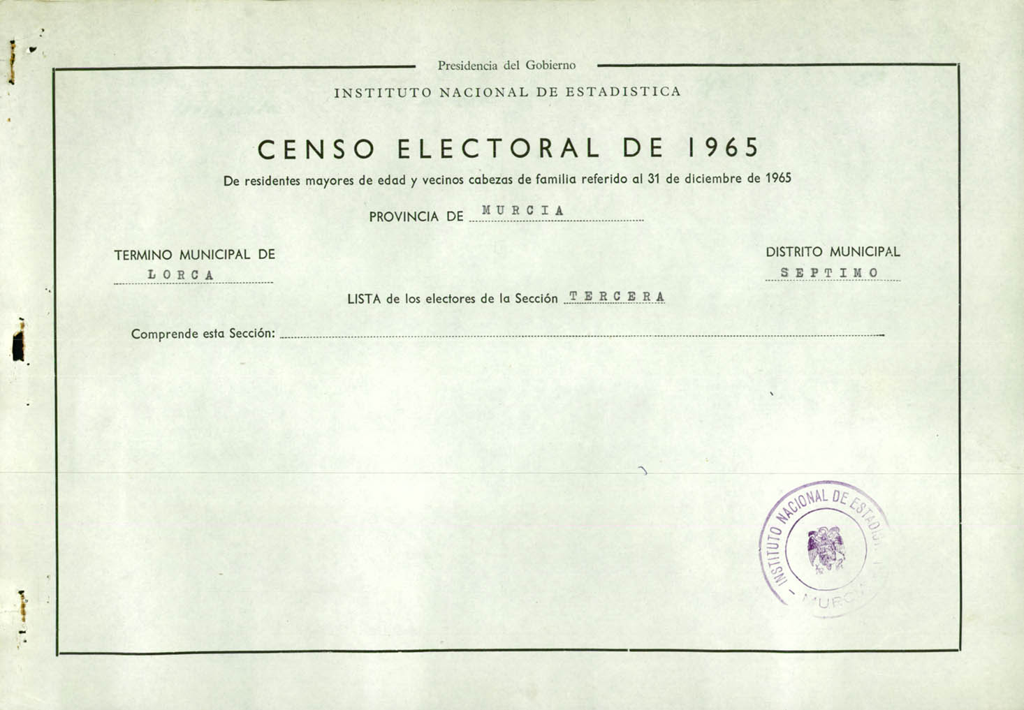 Censo electoral provincial de 1965: listas definitivas de Lorca, Distrito 7º, sección 3ª.